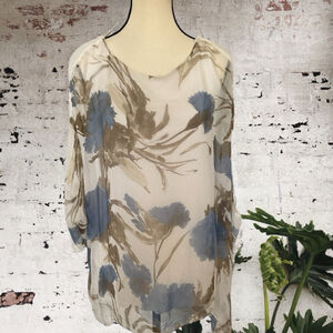 Amanti silk White Blue taupe watercolour Floral Blouse Size M